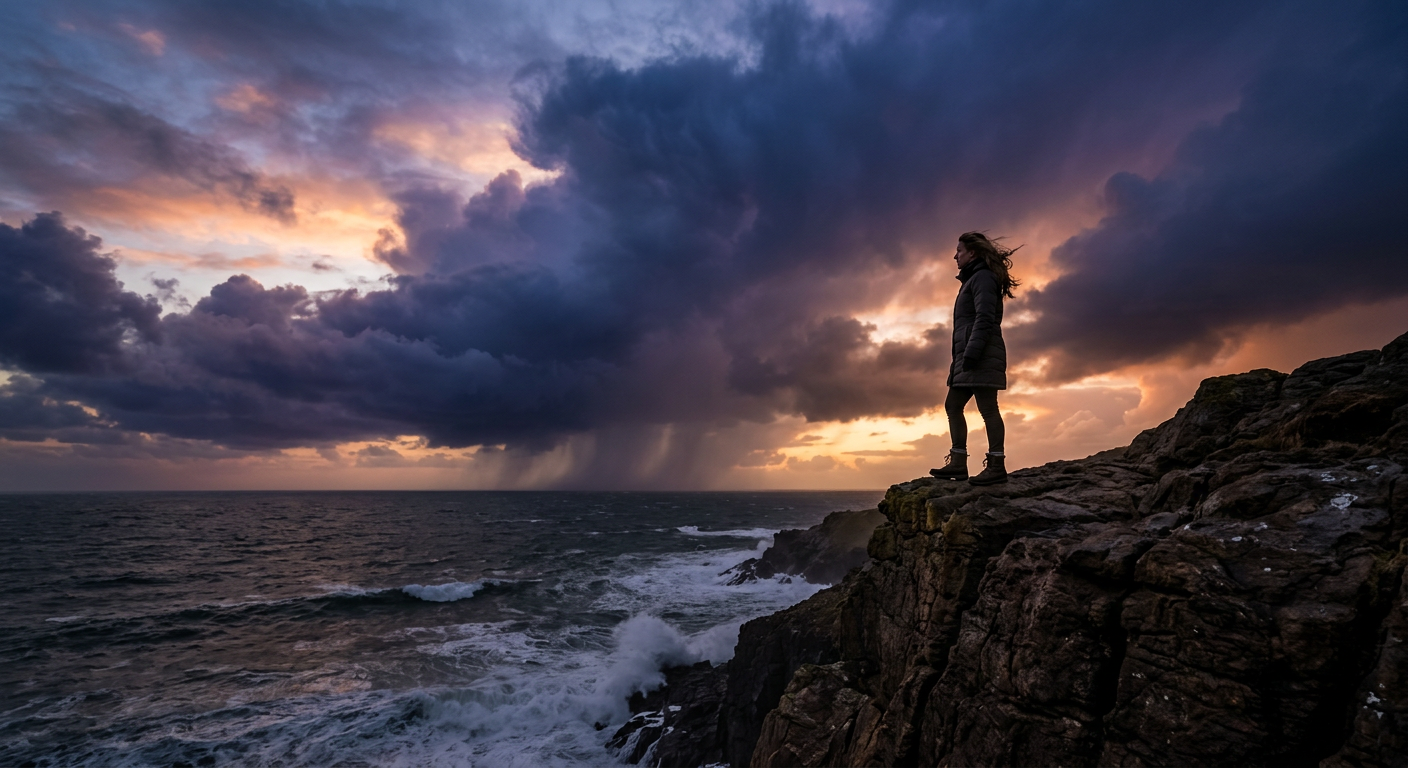 Person standing on rocky cliff overlooking ocean with storm clouds and waves
